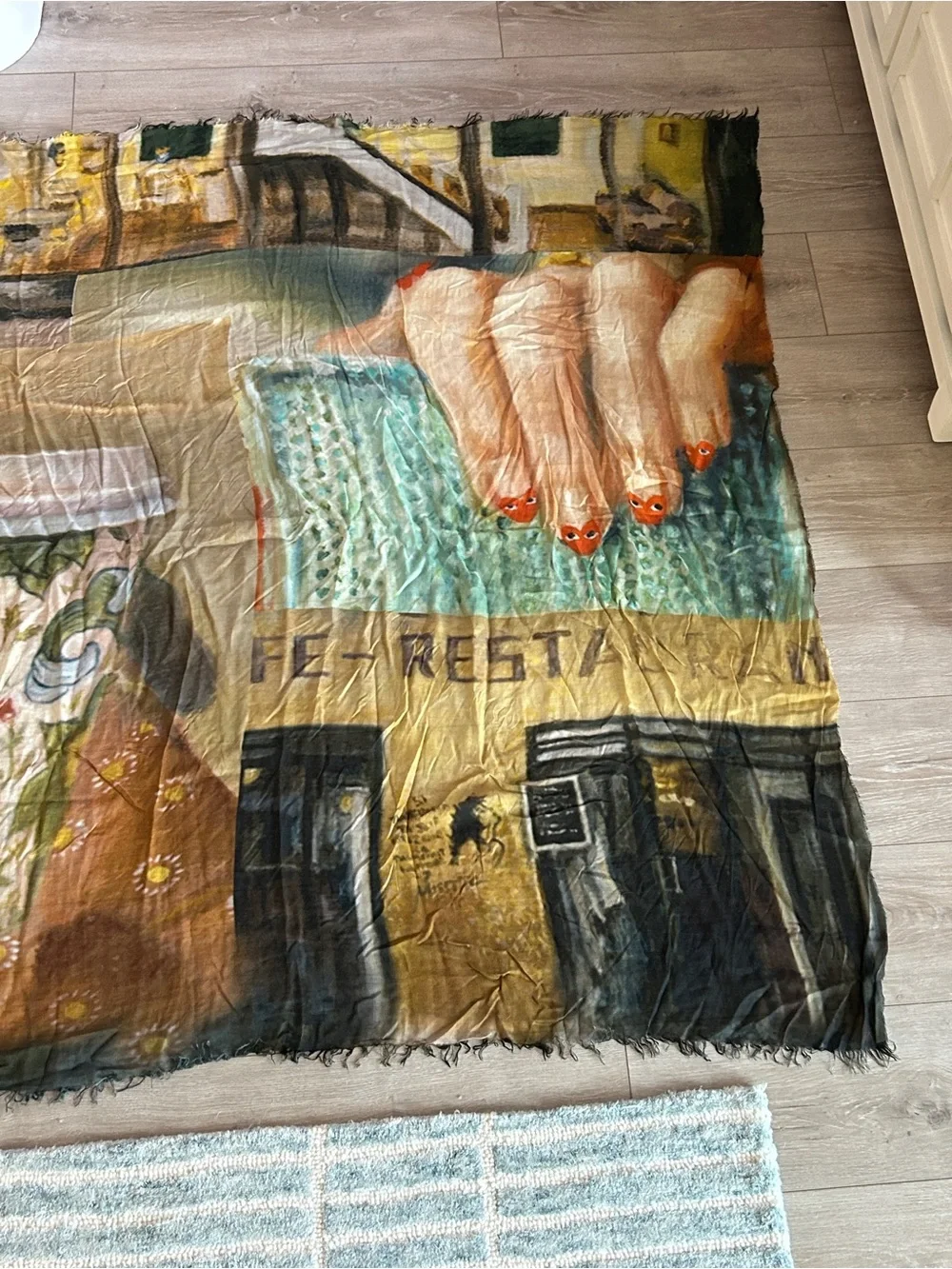 Suzi Roher Italy Multi Color Surreal Cafe Art Modal Silk Large Square Scarf Wrap